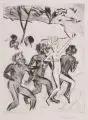 Max Pechstein, "Yali II (Die Ona und das weiße Mädchen), 1923, Kaltnadelradierung mit Roulette und Pinselätzung auf faserigem Bütten