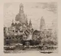 Walter Zeising, Blick auf die Frauenkirche und das Rathaus in Dresden, 1919, Kaltnadelradierung auf chamoisfarbenem Papier