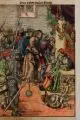 Lucas Cranach d.Ã., Christus vor Kaiphas. Zuerst 1509, Holzschnitt, altkoloriert und goldgehöht