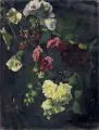 Bertha Froriep, Blumenstilleben mit Stockrosen, Löwenmaul, Hibiskus und Rosen, 1878, Öl auf Leinwand, auf Malpappe aufgezogen