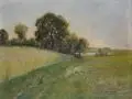 Paul Thomas, Wiesenlandschaft mit Feldhase. Ende 19. Jh, Öl auf Malpappe