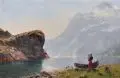 Hans Andreas Dahl, Mutter mit Kind am sommerlichen Fjord. 1. Viertel 20. Jh, Öl auf Leinwand