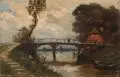 Fritz Bayerlein, Flußlandschaft mit Brücke. 1. H. 20. Jh, Öl auf Holz