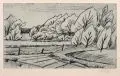 Emil Maetzel, Baumbestandene Landschaft mit Wassergraben. 1950er Jahre, Farbradierung auf Velin
