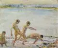 Georg Hermann Gelbke, Laufende Jungen am Wasser., Öl auf Leinwand