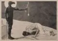 Sascha Schneider, Der Mammon und sein Sklave, 1897, Holzstich auf China, auf Untersatzkarton gewalzt