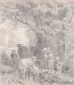 Friedrich Voltz, An der Tränke, 1867, Bleistiftzeichnung auf Velin