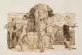 Otto Greiner, Senefelder-Gedenkblatt. (Allegorie auf die Lithographie), 1887, Lithographie mit eingedruckter bräunlich-gelber Tonplatte auf Japan