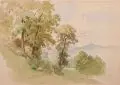 Woldemar Rau, (zugeschr.), Baumbestandene Aussicht bei Salzburg, 1872, Aquarell auf Bütten