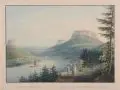 Carl Gregor Taubert, Ansicht von Königstein, Lilienstein u. Pfaffenstein in der Sächsischen Schweiz, Um 1830, Umrißradierung, altkoloriert