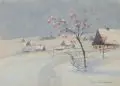Camillo Schneidenbach, G. Schneidenbach, Erzgebirgische Winterlandschaft mit Eberesche. 1. H. 20. Jh, Aquarell und Deckweiß auf bräunlichem Velin