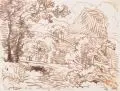 Ferdinand von Kobell, (zugeschr.), Baumbestandene Landschaft. 18. Jh, Federzeichnung in Braun