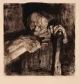 Käthe Kollwitz, Beim Dengeln, 1905, Radierung auf Bütten in Braun auf gelblichem "Van Gelder- Zoonen"- Bütten
