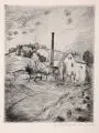 Erhard Hippold, Radebeuler Landschaft mit Haus und Schornstein. Ohne Jahr, Kaltnadelradierung auf Karton