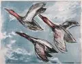 Erhard Hippold, Enten im Flug. Ohne Jahr, Farblithographie in Blau, Rot und Schwarz auf weißem Papier