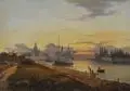 Johann Anton Castell, Blick auf Dresden bei Sonnenuntergang vom linken Elbufer aus, 1848, Öl auf Leinwand, nachträglich auf Schichtholz kaschiert