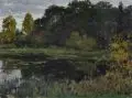Eugen Bracht, Weiher im Spätsommer. Wohl um 1910, Öl auf Leinwand, auf Sperrholz aufgezogen