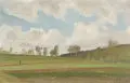 Paul Wilhelm Tubbecke, Hügelige Landschaft mit Schafherde und Schäfer, Um 1900, Öl auf Malpappe