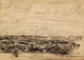 Max Liebermann, Dünenlandschaft bei Noordwijk mit weiblicher Figur, Um 1907, Kohlezeichnungen