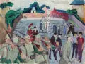 Helmuth Macke, Helmut Macke, Passanten auf der Freitreppe mit marschierenden Soldaten, 1916, Aquarell auf strukturiertem Bütten
