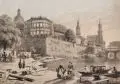 Wilhelm Bässler, Das vierte Belvedere auf der Brühlschen Terrasse, Lithographie, handkoloriert, partiell weiß gehöht