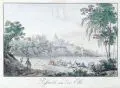 Johann Carl August Richter, Konvolut von sechs Ansichten Dresdens und Umgebung, Um 1800, Umrißradierungen, handkoloriert und eine Radierung