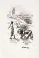 Max Liebermann, Flöte blasendes Kind, gefolgt von einem Löwen, 1924, Lithographie auf "J.W