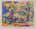 Peter August Böckstiegel, Frühling in Cossebaude, 1920, Farblithographie in fünf Farben (Rot, Blau, Grün, Gelb und Schwarz), auf "Zanders Johann Wilhelm" - Papier gedruckt