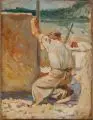 Robert Sterl, Steinmetz mit Messlatte am Block hockend, Um 1907, Öl auf Malpappe und nochmals auf Malpappe kaschiert