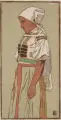 Leonhard Fanto, Junge Frau in Tracht / Mädchen mit Schleier. Frühes 20. Jh, Farbholzschnitte auf Japanpapier