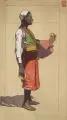 Leonhard Fanto, Wasserträger / Mann in afrikanischer Tracht. Frühes 20. Jh, Farbholzschnitte auf Japanpapier