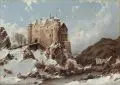 Carl Julius von Leypold, Burgberg im Schnee. Wohl um 1860, Öl auf Papier, auf Malpappe kaschiert