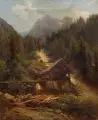 Eduard Pape, Friedrich Pape, Sägemühle an einem alpenländischen Sturzbach. 2. H. 19. Jh, Öl auf Leinwand
