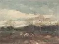 Raphael Oskar Unverdross, Heidelandschaft mit Schafen, 1925, Öl auf Holz