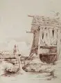 Carl Wagner, Gebirgshütte mit Hirte und Brunnenbaum. Wohl Mitte 19. Jh, Federzeichnung in Tusche (Braun)