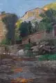 Alfred Zoff, Häuser am Fluß bei Nervi, Um 1890, Öl auf Leinwand, auf Malpappe kaschiert