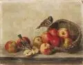 Irene Stoegmann-Bohrn, Stilleben mit Apfelkorb und Spatzen. Wohl um 1895, Öl auf Leinwand
