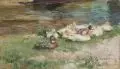 Rudolf Schramm-Zittau, Enten am Wiesenufer. Wohl um 1905, Öl auf Leinwand