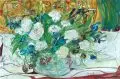 Pia Zunker, Blumenstilleben mit weißen Rosen und ockerfarbenem Teppich, 2011, Öl auf Leinwand