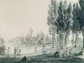 Johann Christoph Erhard, Ansicht des Teiches und der Franzenburg im k. K. Park zu Laxenburg von der Hauptseite, Wohl 1818, Farbradierung in Türkisgrün, nach einem Gemälde von Scheyerer