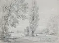 Woldemar Hottenroth, Elblandschaft mit Angler. Wohl 1850er Jahre, Graphitzeichnung, weiß gehöht auf grauem Papier