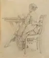 Hugo Bürkner, (zugeschr.), Lesendes Mädchen am Tisch, 1874, Bleistiftzeichnung, wohl auf "J
