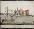 Carl Gottfried Nestler, Ansicht des Schlosses-Moritzburg bey Dresden mit dem daselbst 1790. erbauten See-Schiffe, Radierung, altkoloriert