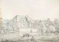 Christoph Nathe, Partie bei Görlitz an der Reichenbacher Brücke am östlichen Ufer der Neiße, vorn ein sitzender Mann und ein saufendes Rind, 1799, Graphitzeichnung auf Bütten