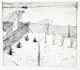 Alexander Olbricht, Blick in einen umzäunten winterlichen Garten. Ohne Jahr, Kaltnadelradierung auf festem Papier