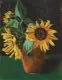 Hermann Lange, Drei Sonnenrosen in Tonvase, Öl auf Leinwand