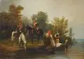 Wilhelm Alexander Meyerheim, Soldaten und Wäscherinnen am Fluss, 1847, Öl auf Leinwand