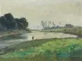 Moritz Heidel, Angler in weiter Flusslandschaft, 1911, Öl auf Malpappe