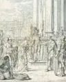 Matthias Scheits, Die Königin von Saba bei Salomon (1 Kg 1-11), Um 1672, Lavierte Federzeichnung in Grau und Sepia über Graphit