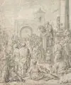 Matthias Scheits, Esra liest aus dem Gesetzbuch Mose (Neh 8), Um 1672, Lavierte Federzeichnung in Grau und Sepia über Graphit